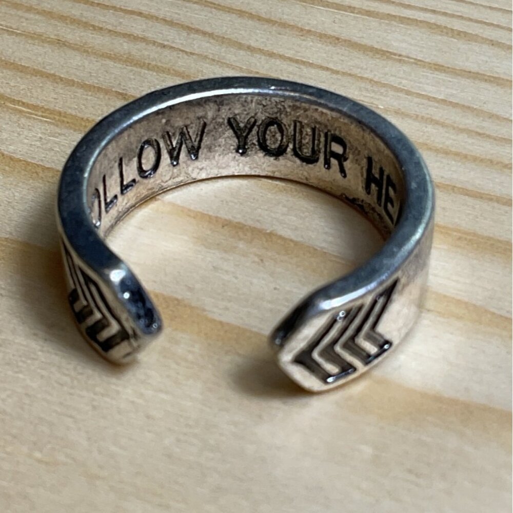 Silver Toned Open Ring With Engraved Message Follow Your Heart & Chevron Design